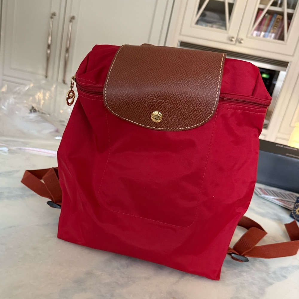Longchamp Red Backpack with Brown Flap